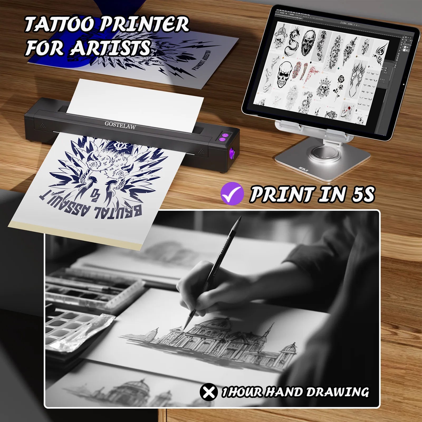 GOSTELAW Wireless Tattoo Transfer Stencil Printer- Design Wireless Tattoo Thermal Printer For Iphone