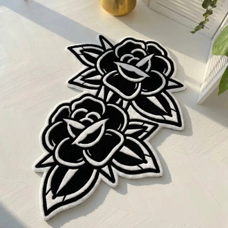 American Traditional Black Rose Tattoo Rug