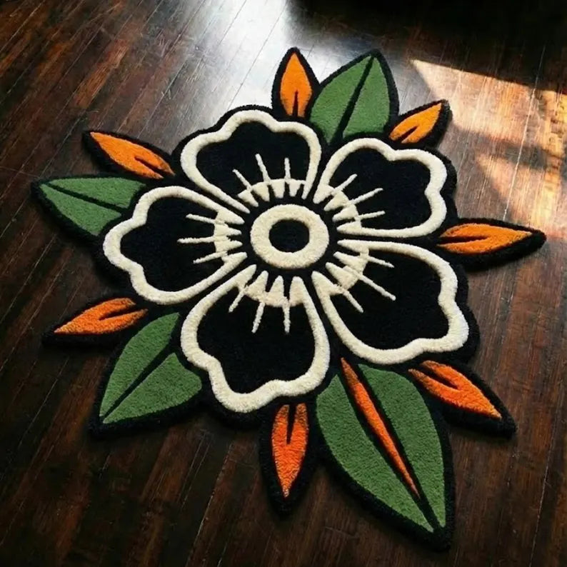 Black Rose Traditional Tattoo Rug | Hand Tufted Wool