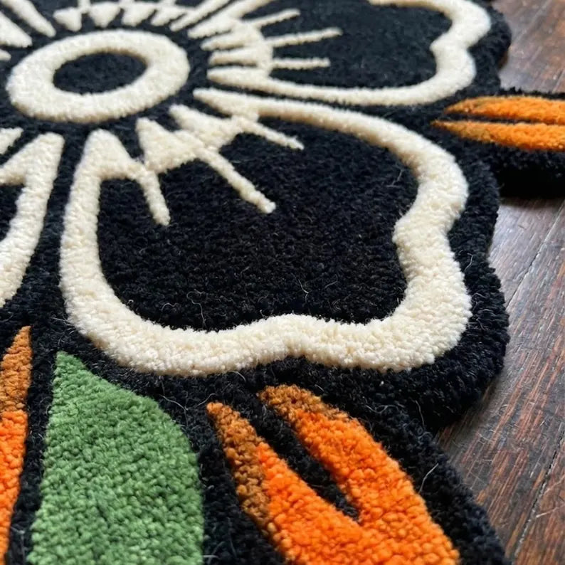 Black Rose Traditional Tattoo Rug | Hand Tufted Wool