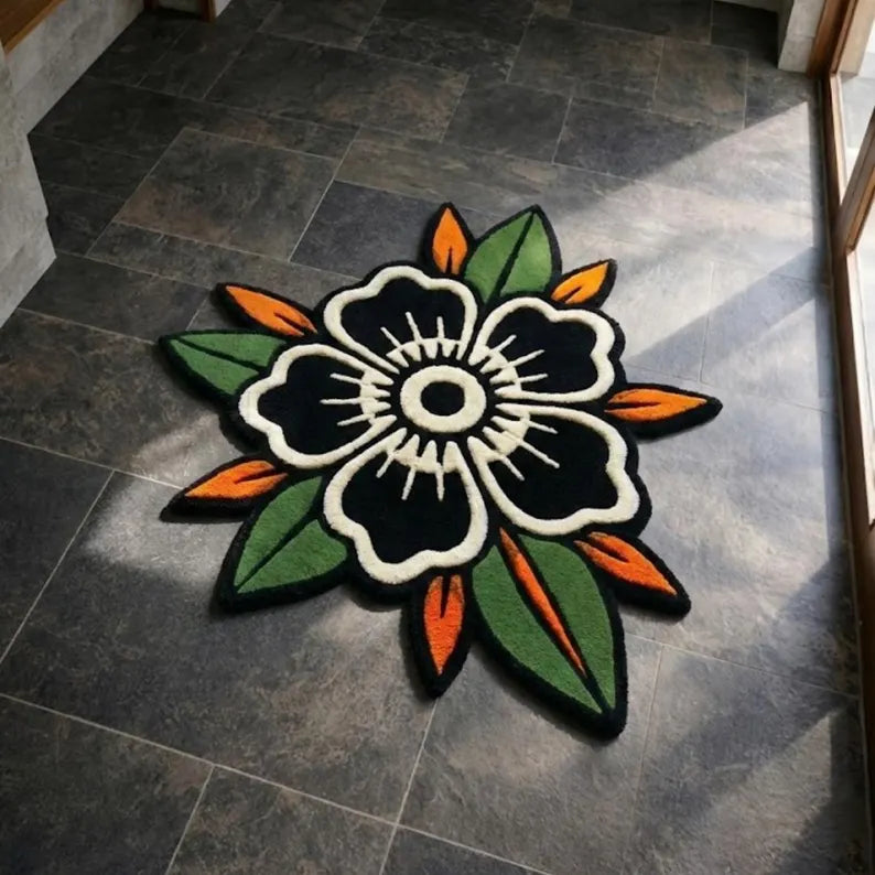 Black Rose Traditional Tattoo Rug | Hand Tufted Wool