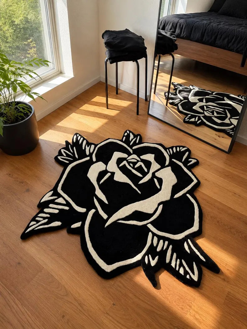 Blackwork Rose Tattoo Rug