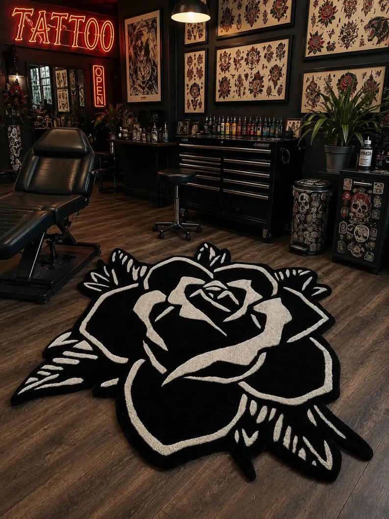 Blackwork Rose Tattoo Rug