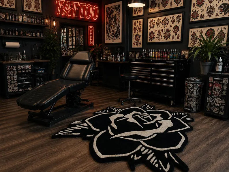 Blackwork Rose Tattoo Rug