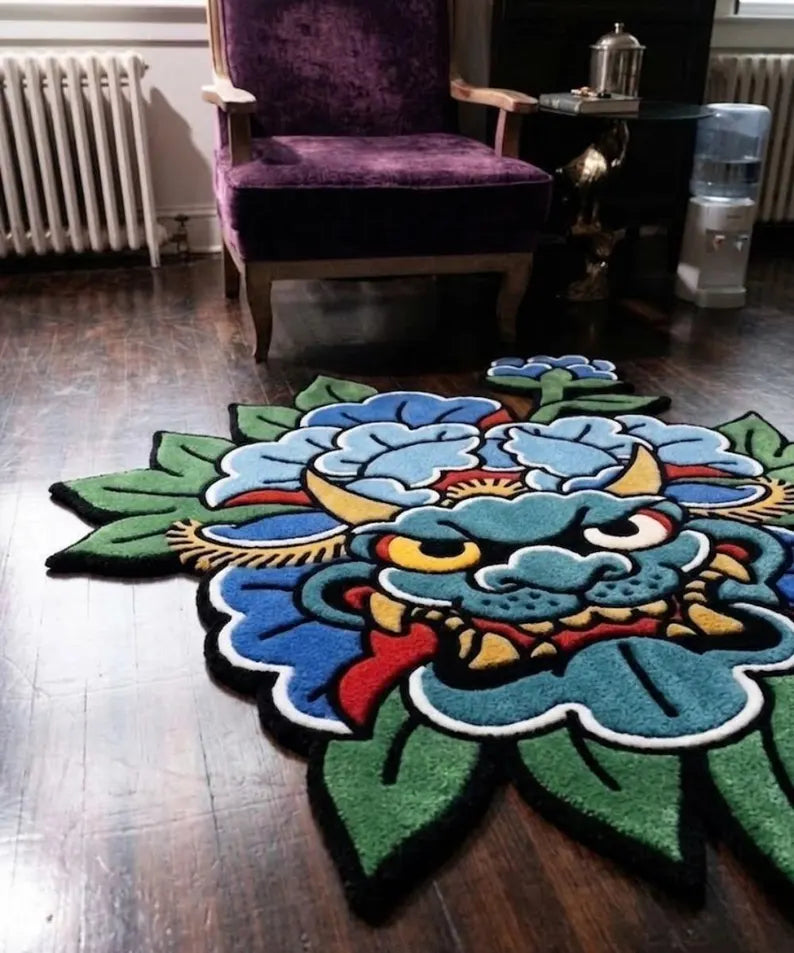 Blue Oni Japanese Tattoo Rug | Hand Tufted Oni Mask