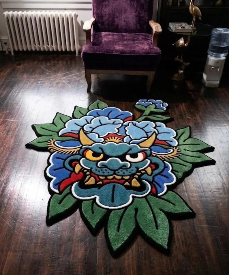 Blue Oni Japanese Tattoo Rug | Hand Tufted Oni Mask