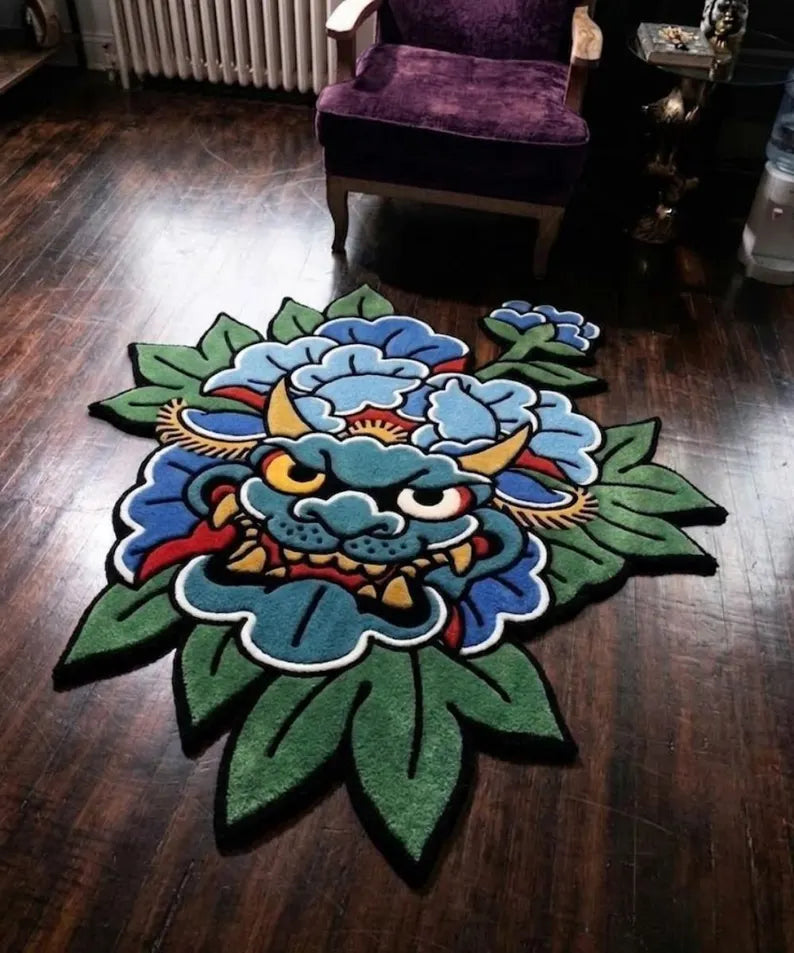 Blue Oni Japanese Tattoo Rug | Hand Tufted Oni Mask