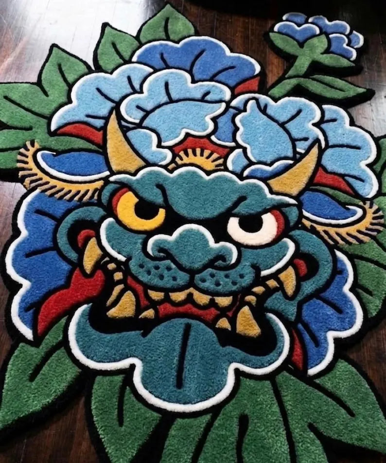 Blue Oni Japanese Tattoo Rug | Hand Tufted Oni Mask