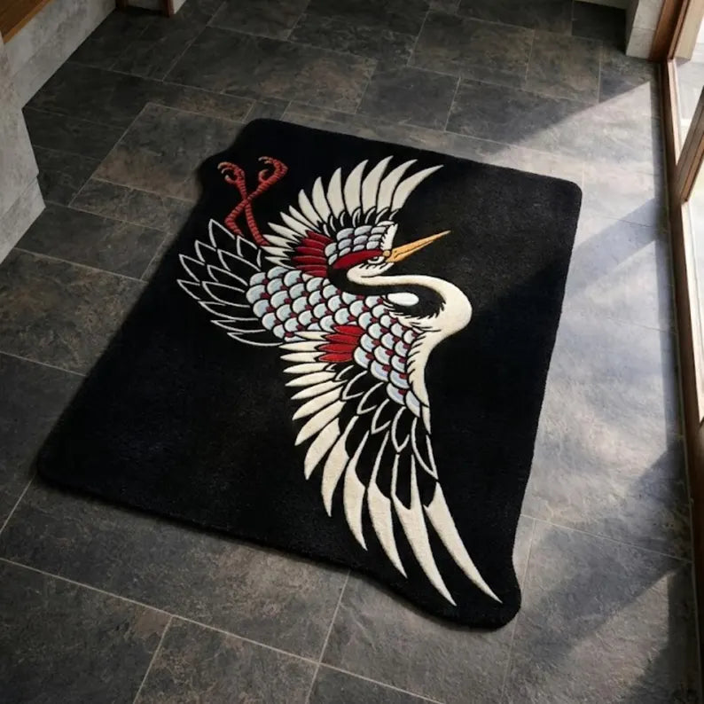 Japanese Crane Tattoo Rug | Hand Tufted