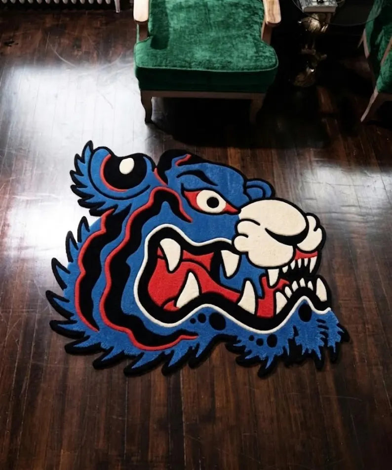 Japanese Dragon Head Rug | Blue Hand Tufted Statement