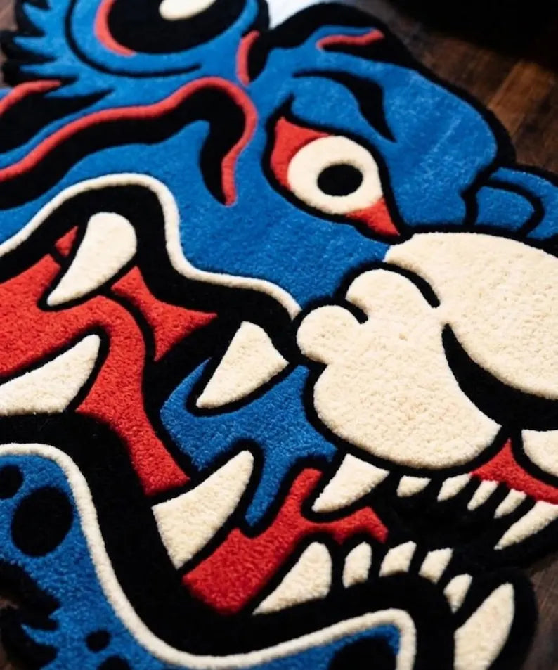 Japanese Dragon Head Rug | Blue Hand Tufted Statement