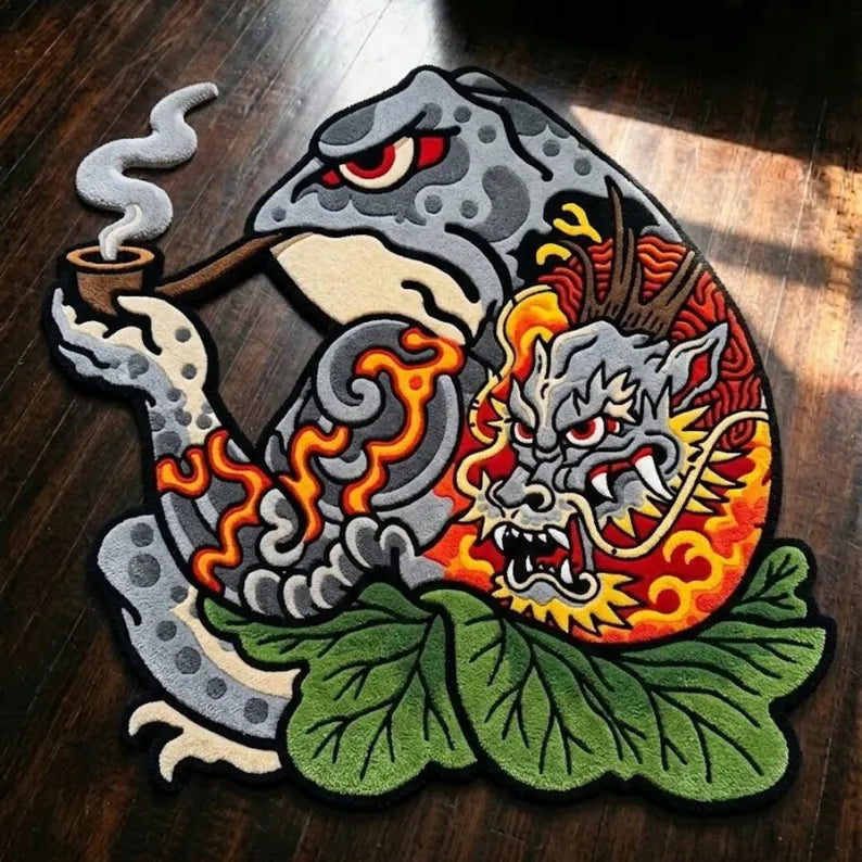 Japanese Kaeru Frog Rug Tattoo Style Dragon – Handmade Wool