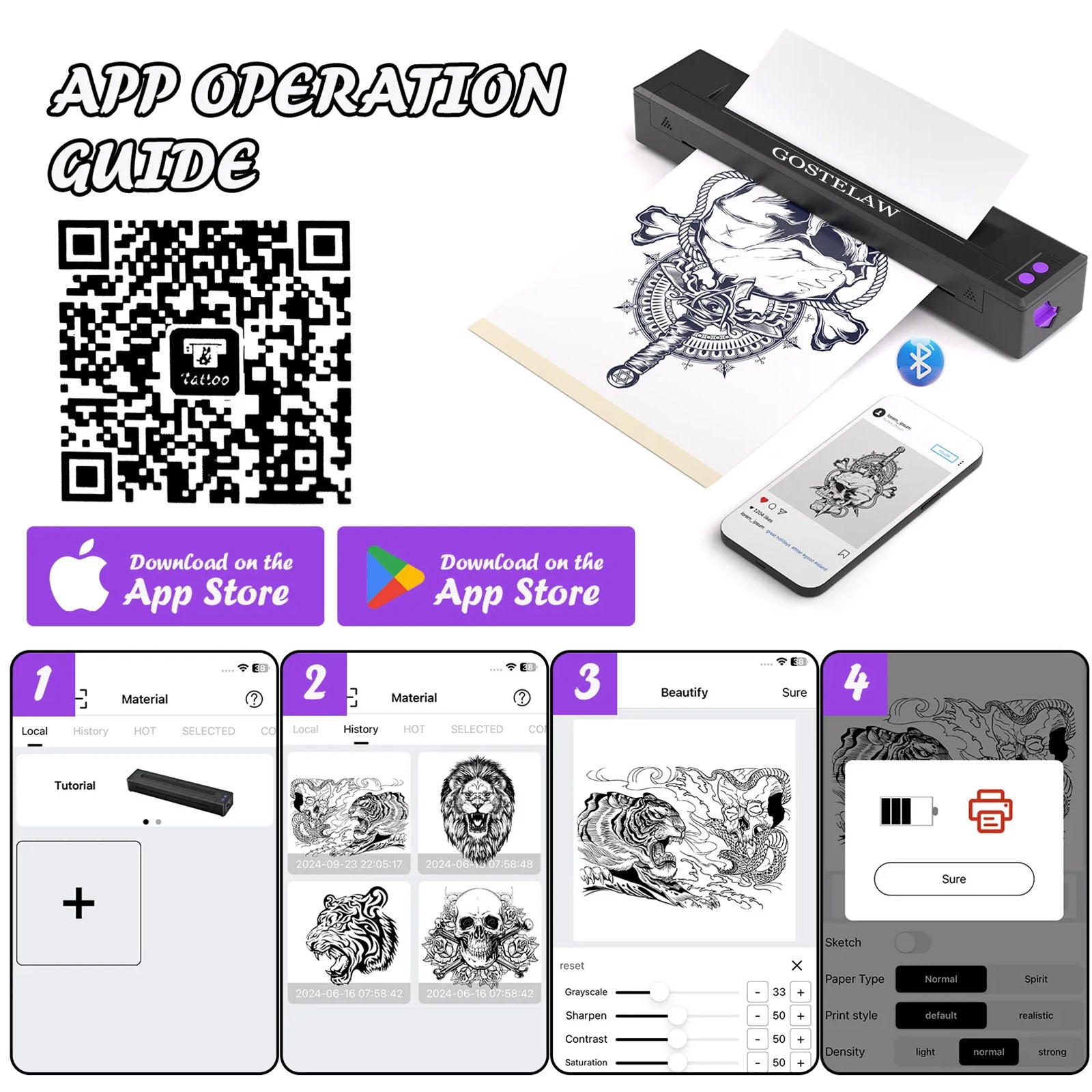 tattoo stencil printer app operation guide Bluetooth connection mobile stencil printing tutorial