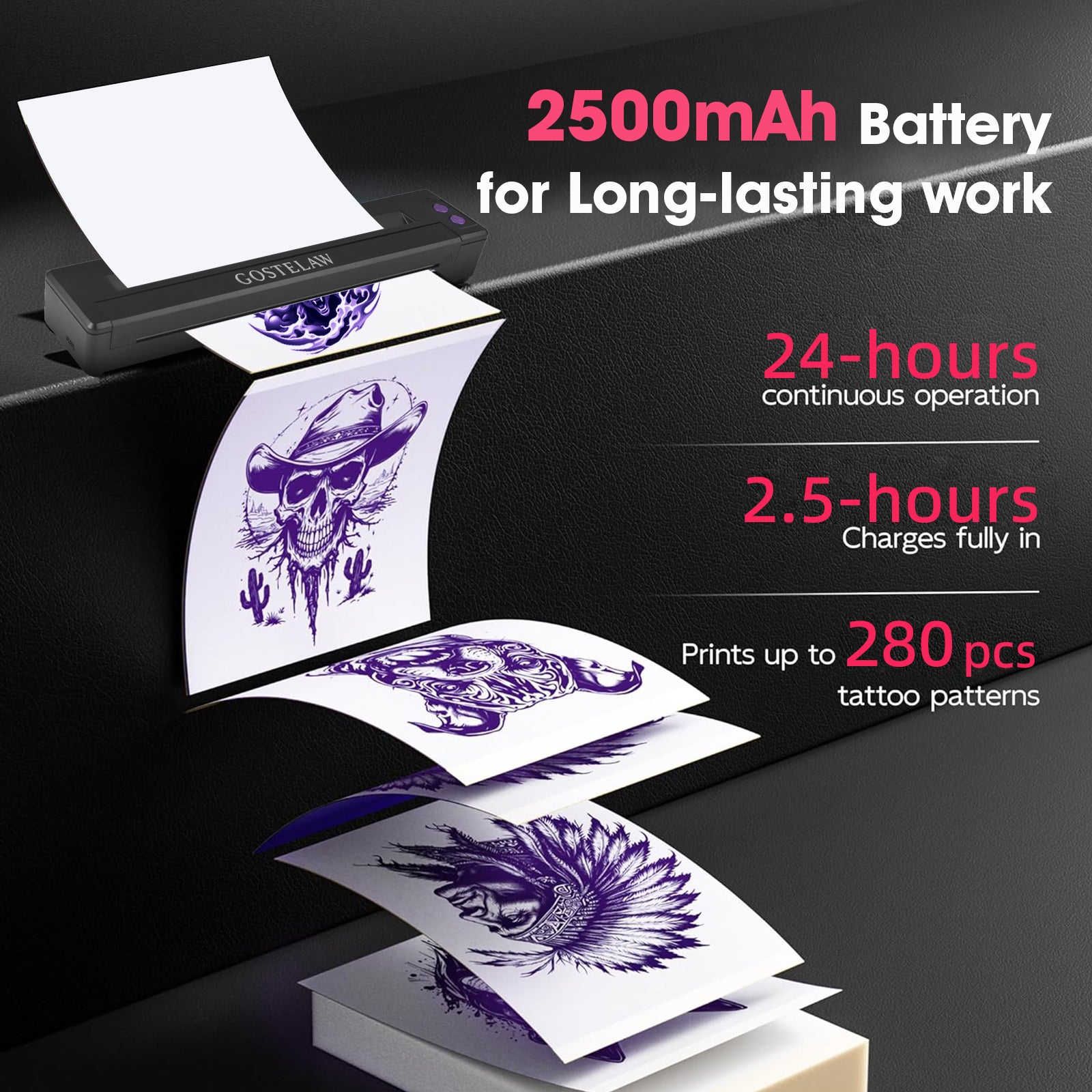 tattoo stencil printer 2500mAh battery long lasting wireless printing up to 280 designs