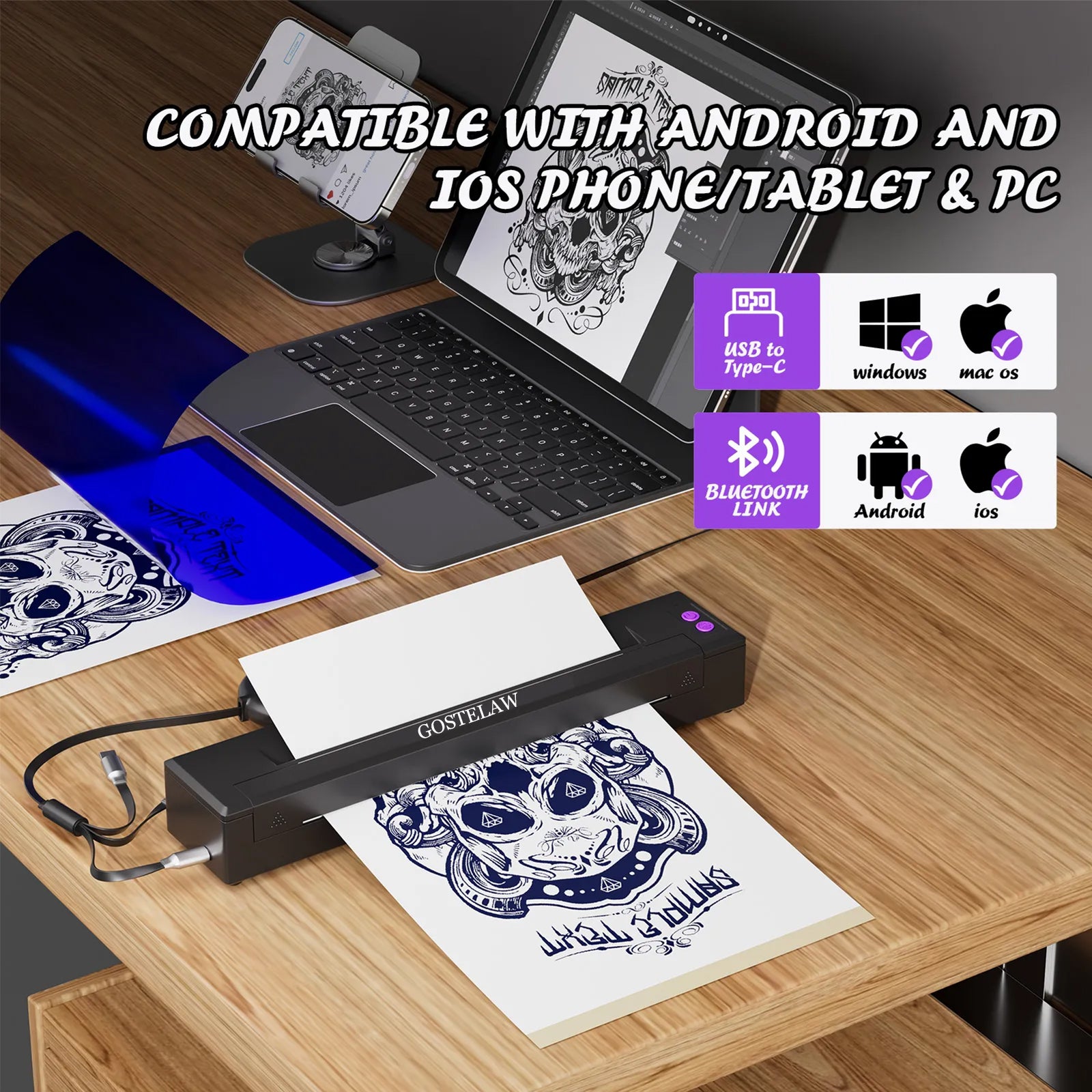 tattoo stencil printer compatible with iOS Android phone tablet PC Bluetooth USB connection