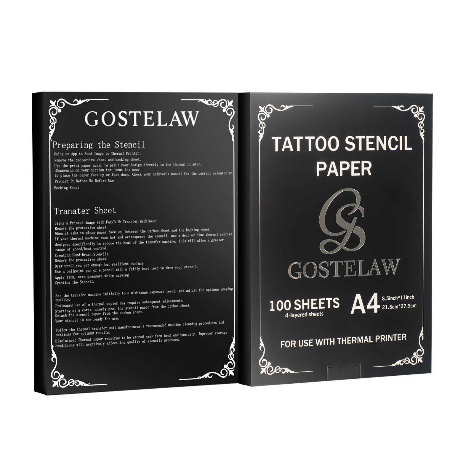 GOSTELAW tattoo transfer paper instructions and packaging for thermal stencil application
