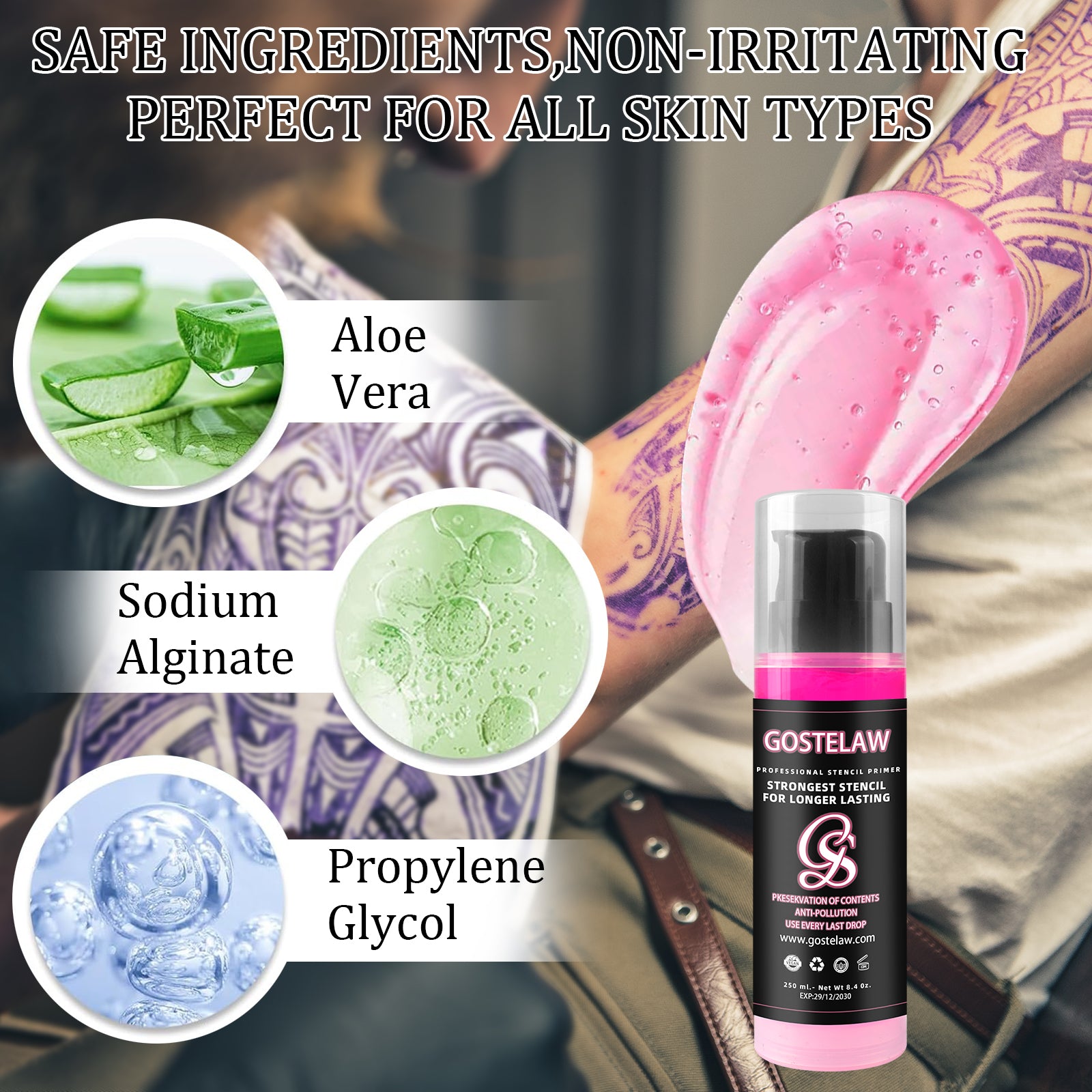 tattoo stencil transfer gel safe ingredients aloe vera sodium alginate propylene glycol skin friendly