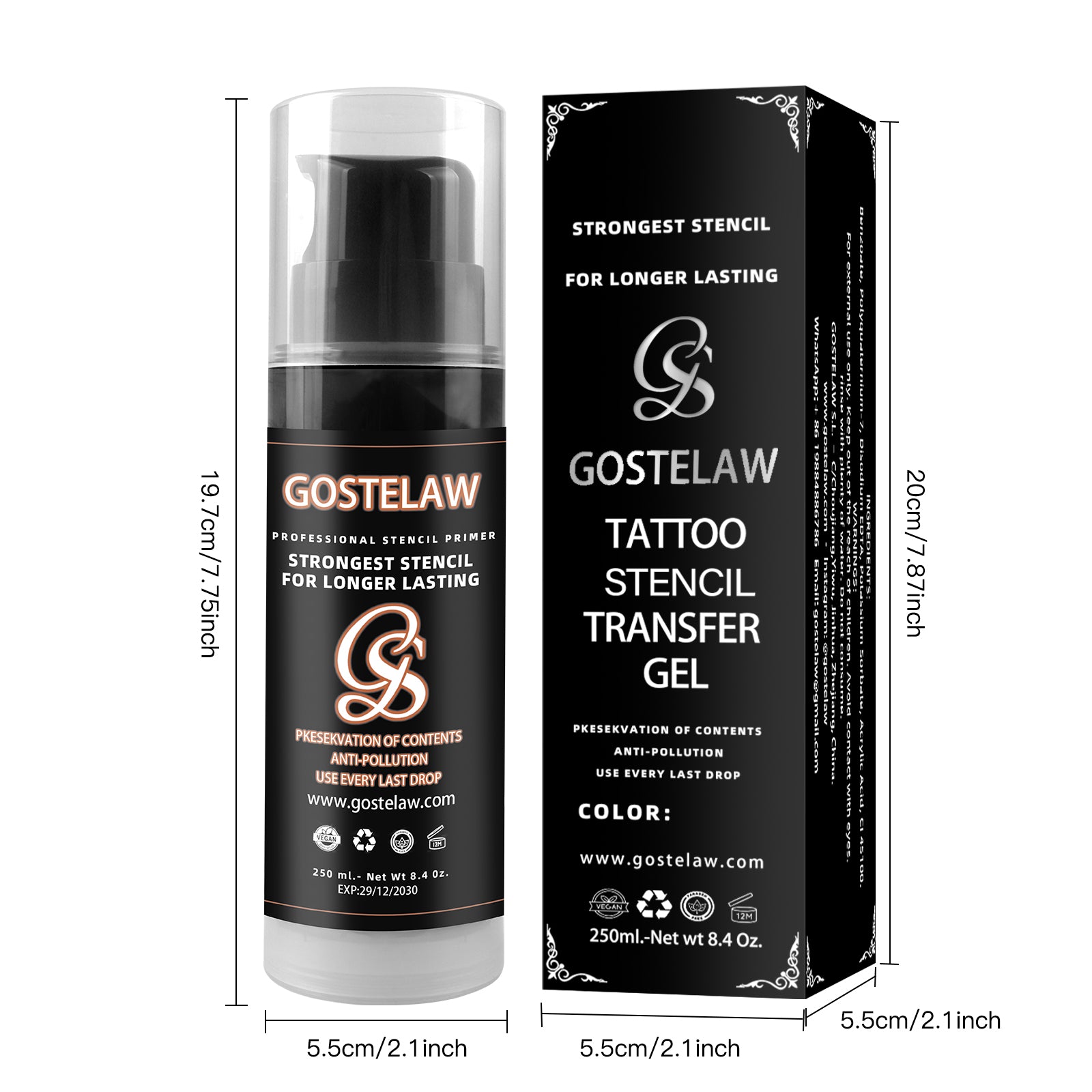 tattoo stencil transfer gel 250ml size dimensions professional stencil solution bottle and box