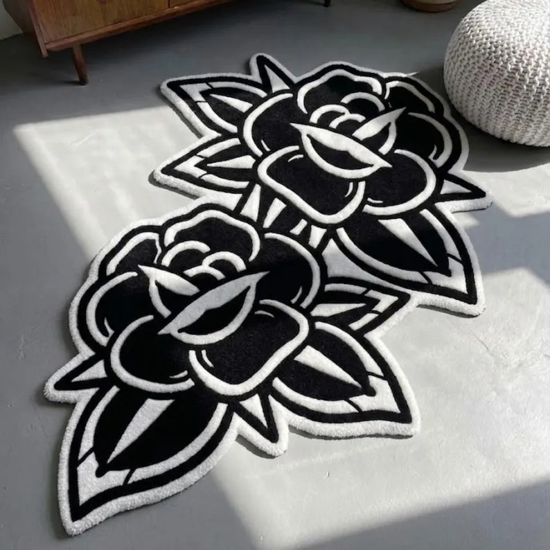 American Traditional Black Rose Tattoo Rug