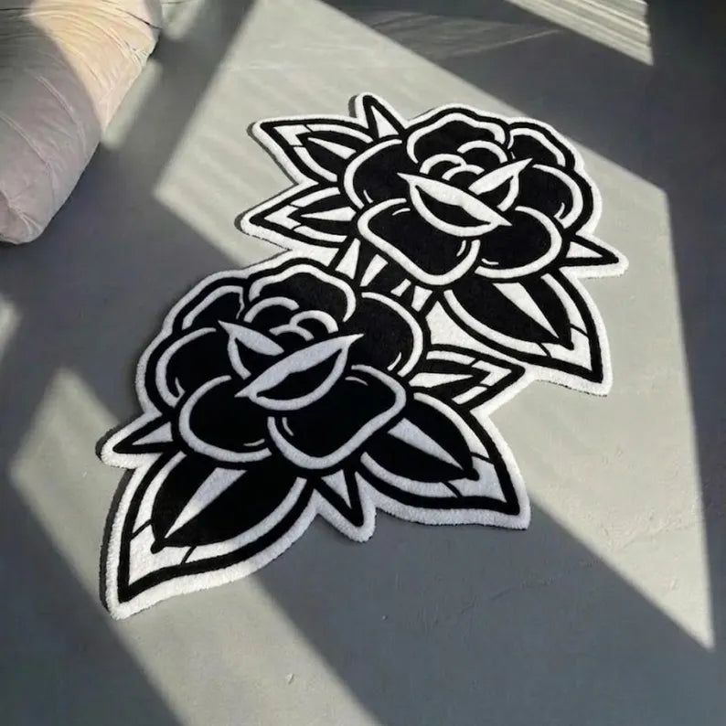 American Traditional Black Rose Tattoo Rug