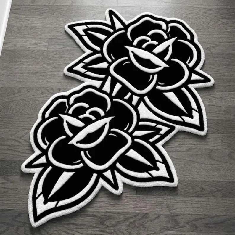 American Traditional Black Rose Tattoo Rug