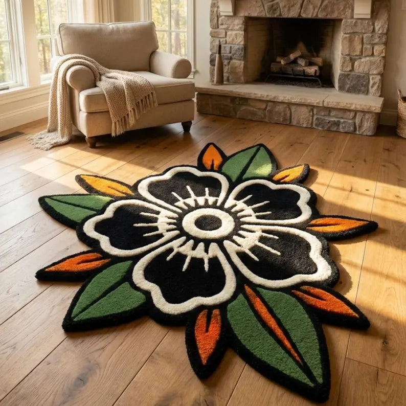Black Rose Traditional Tattoo Rug | Hand Tufted Wool