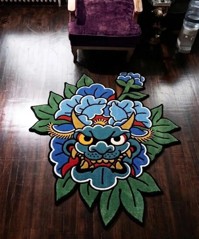 Blue Oni Japanese Tattoo Rug | Hand Tufted Oni Mask
