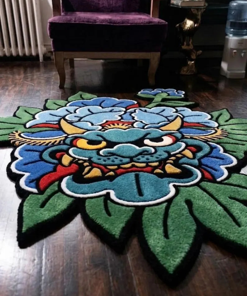 Blue Oni Japanese Tattoo Rug | Hand Tufted Oni Mask