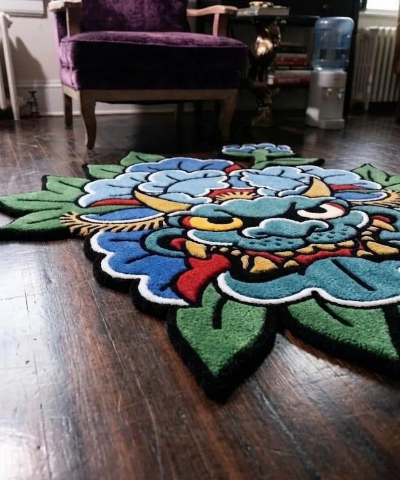 Blue Oni Japanese Tattoo Rug | Hand Tufted Oni Mask