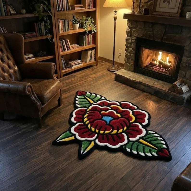 Bold Line Red Rose American Traditional Tattoo Rug