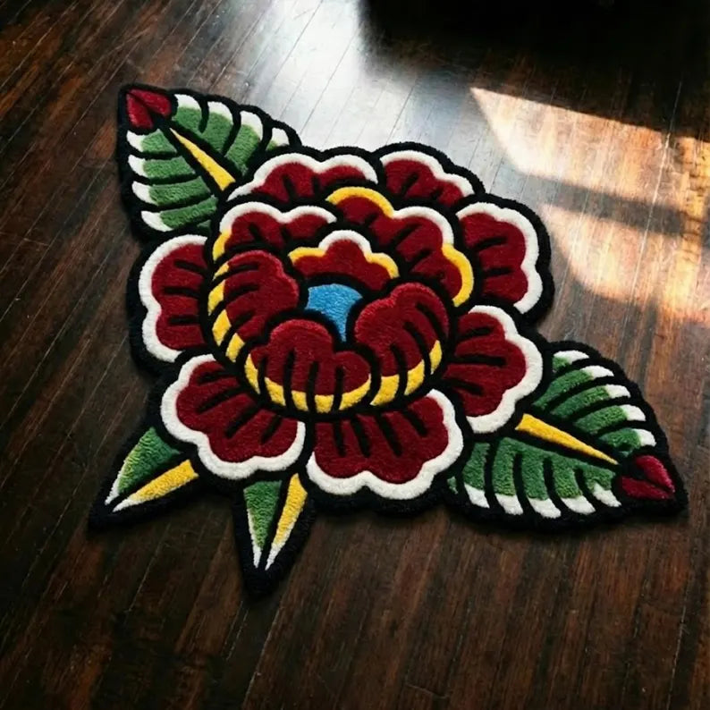 Bold Line Red Rose American Traditional Tattoo Rug