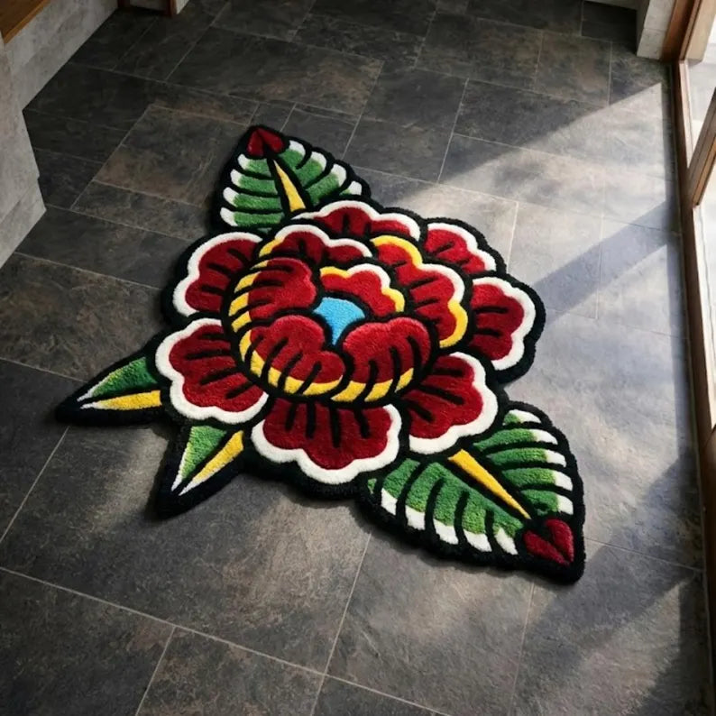 Bold Line Red Rose American Traditional Tattoo Rug
