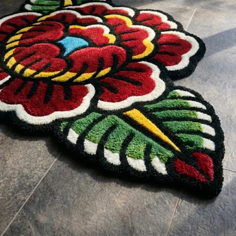 Bold Line Red Rose American Traditional Tattoo Rug