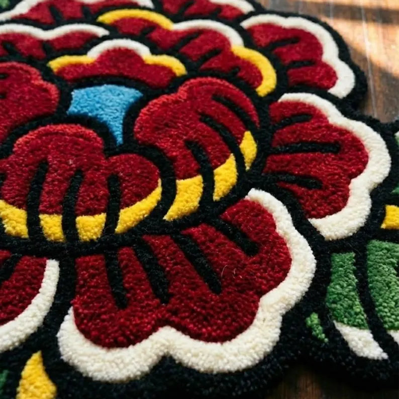 Bold Line Red Rose American Traditional Tattoo Rug