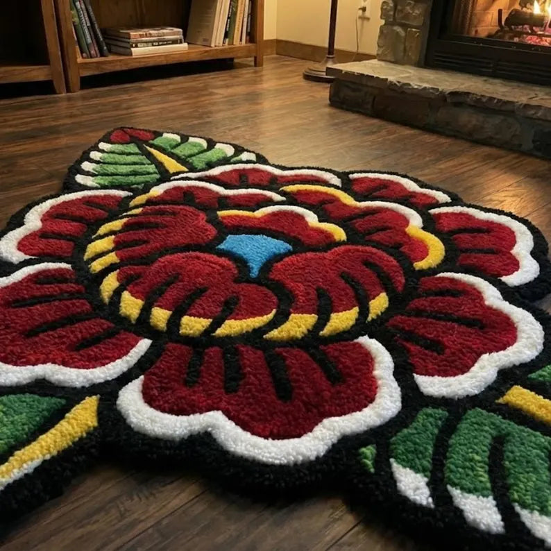 Bold Line Red Rose American Traditional Tattoo Rug