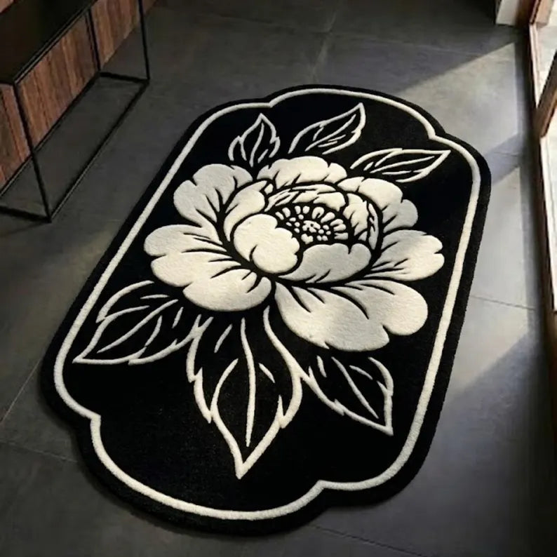 Handmade Black Floral Area Rug | Tufted Wool