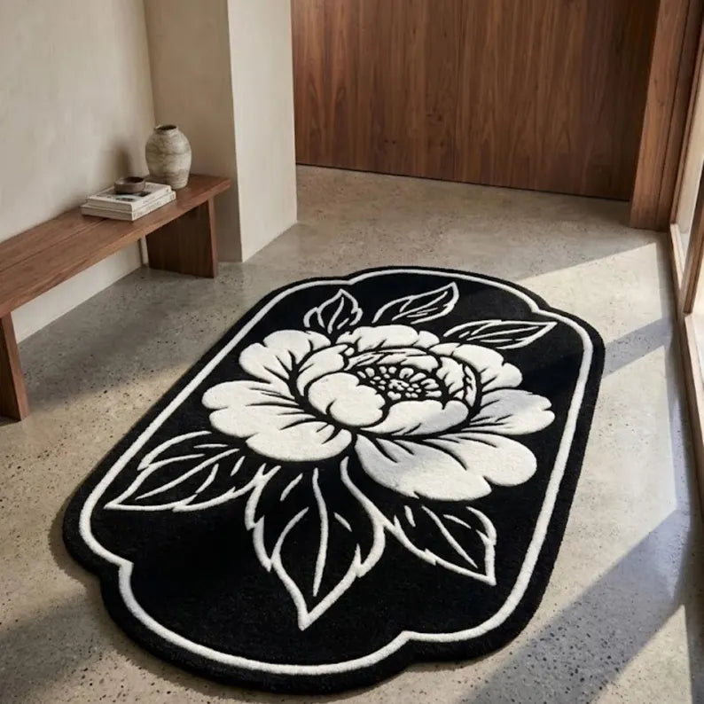 Handmade Black Floral Area Rug | Tufted Wool