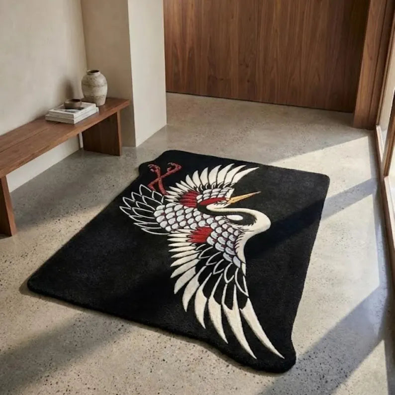 Japanese Crane Tattoo Rug | Hand Tufted