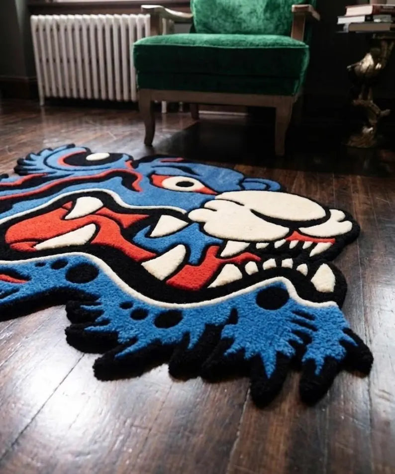 Japanese Dragon Head Rug | Blue Hand Tufted Statement