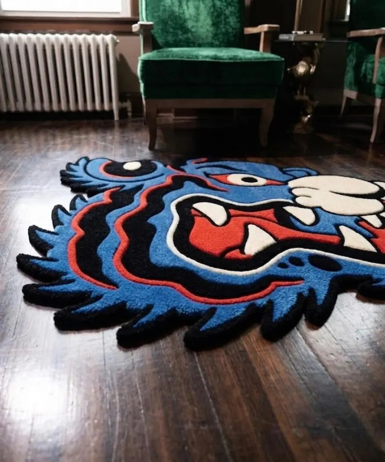 Japanese Dragon Head Rug | Blue Hand Tufted Statement