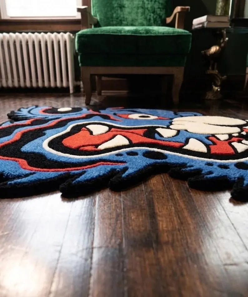 Japanese Dragon Head Rug | Blue Hand Tufted Statement