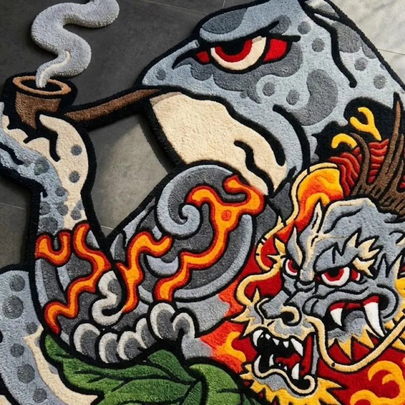 Japanese Kaeru Frog Rug Tattoo Style Dragon – Handmade Wool