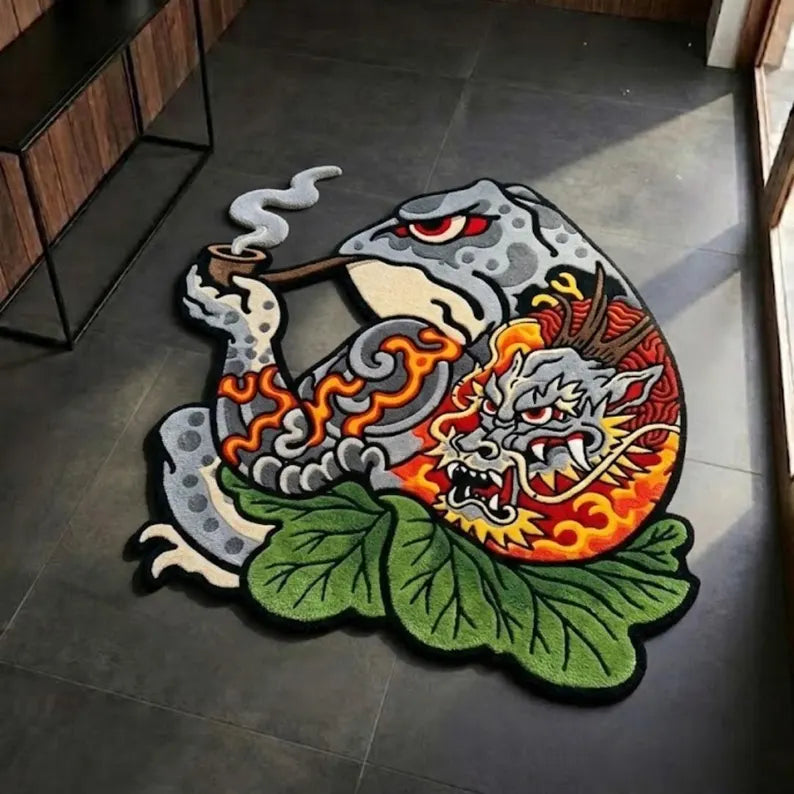 Japanese Kaeru Frog Rug Tattoo Style Dragon – Handmade Wool