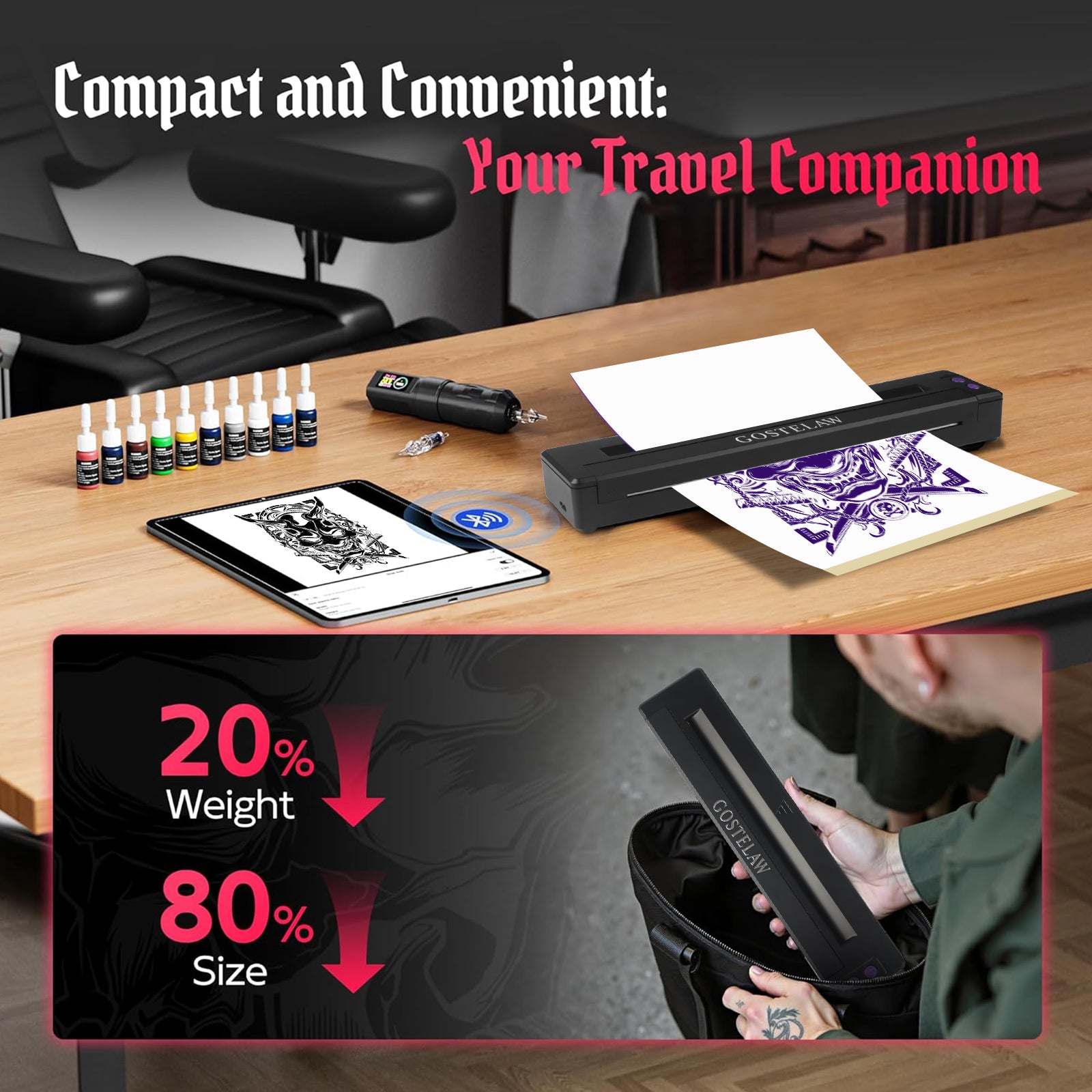 portable tattoo stencil printer lightweight compact design for travel tattoo artists Bluetooth printing
